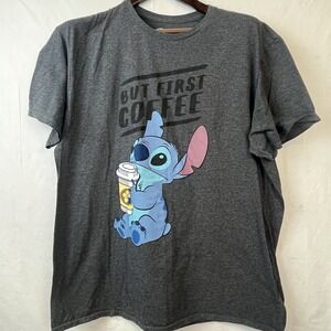 Disney Lilo & Stitch T-Shirt XL Heather Gray "But First Coffee" Graphic Tee EUC